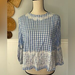 I.Madeline lace flair sleeve blouse with tie blue and white large